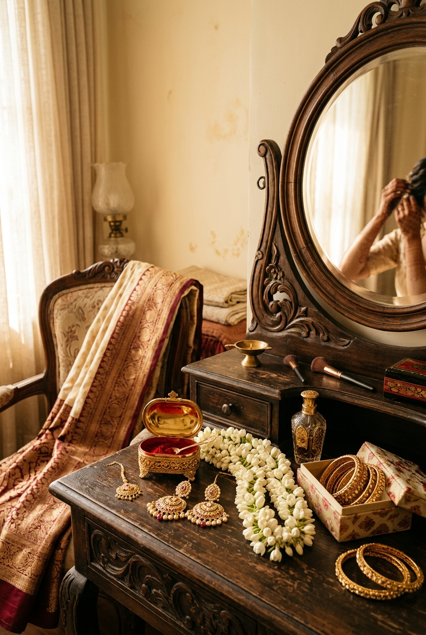 Boudoir hair, makeup and styling preparation at the vanity at private Andheri studio, Mumbai and Goa in tasteful fine-art boudoir style, Mumbai & Goa
